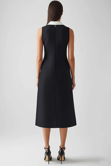 Black and White Satin Sheath Collar Neck Midi Work Dress